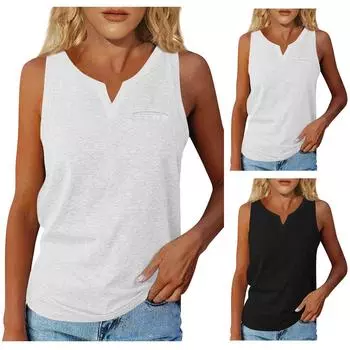 Летняя женская однотонная футболка без рукавов с v-образным вырезом и карманами с короткими рукавами, повседневная футболка в уличном стиле, топ, жилет M чёрный