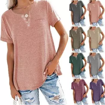 Летняя женская однотонная футболка, повседневный топ, V-образный вырез, короткий рукав, карман, свободная футболка для женщин S чёрный