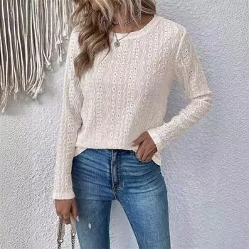 Летняя женская однотонная футболка с длинными рукавами и ажурным узором, повседневная женская футболка с круглым вырезом S