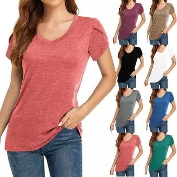 Летняя женская однотонная футболка с V-образным вырезом и короткими рукавами, женские футболки (Женский) S чёрный