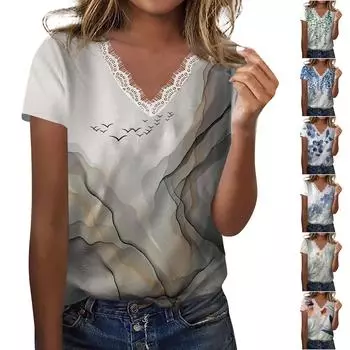 Летняя женская однотонная футболка с v-образным вырезом и кружевным принтом, с коротким рукавом, легкая однотонная футболка в уличном стиле, топ L