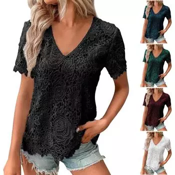 Летняя женская однотонная футболка с V-образным вырезом и кружевным принтом, двухслойная, с коротким рукавом, легкая, в уличном стиле, однотонная футболка M чёрный