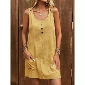 Летняя женская однотонная хлопковая льняная повседневная юбка с карманами на бретельках, застегивающаяся на пуговицы, регулируемая по длине бретелька, без рукавов платье S абрикосовый