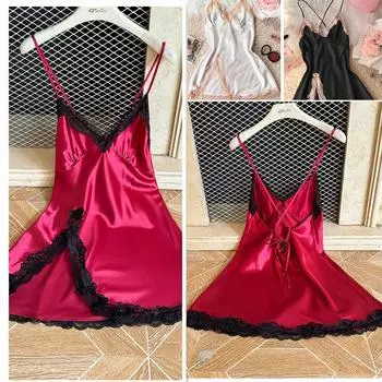 Летняя женская однотонная кружевная ночная рубашка с v-образным вырезом и открытой спиной, с завязками на подоле, разделенная дышащая пижама, стильное легкое мягкое платье для сна для женщин S