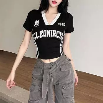 Летняя женская однотонная облегающая футболка в европейском и американском стиле с открытым пупком, модная женская футболка с короткими рукавами и v-образным вырезом с принтом L чёрный