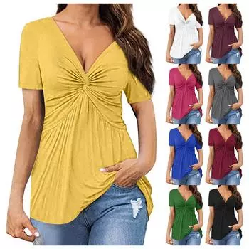 Летняя женская однотонная плиссированная футболка с v-образным вырезом и коротким рукавом, легкая уличная свободная однотонная футболка, топ L