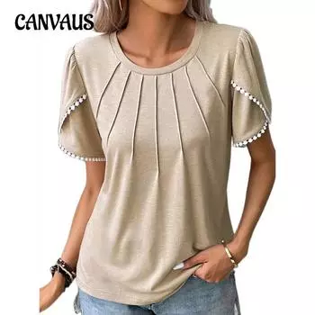 Летняя женская однотонная плиссированная кружевная повседневная футболка с коротким рукавом и круглым вырезом S хаки