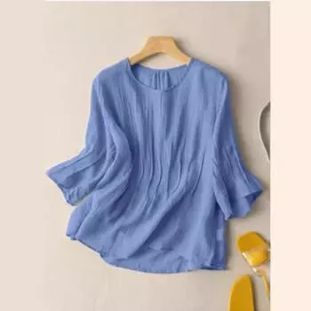 Летняя женская однотонная повседневная рубашка с круглым вырезом и рукавом семь четвертей, блузки и рубашки S белый