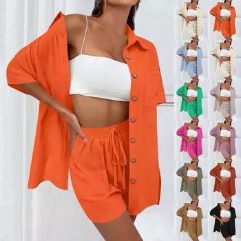 Летняя женская однотонная рубашка с короткими рукавами, топ, повседневные шорты с эластичным галстуком и передним карманом, спортивные повседневные свободные от ветра мягкие комплекты из двух предметов M чёрный