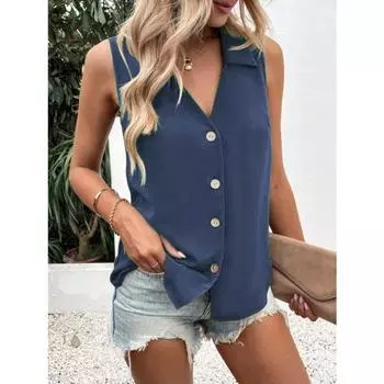 Летняя женская однотонная свободная шифоновая рубашка с V-образным вырезом без рукавов, жилет на пуговицах, рубашка для женщин, блузки и рубашки S белый