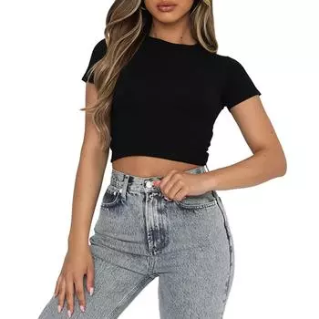 Летняя женская однотонная укороченная футболка с круглым вырезом, эластичная, облегающая S