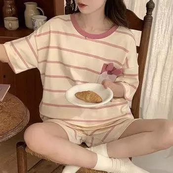 Летняя женская пижама из хлопка с рисунком из мультфильмов, оранжевая пижама с рисунком, комплект для молодой леди, шорты, пуловер, нижнее белье Asian M (40-50KG)