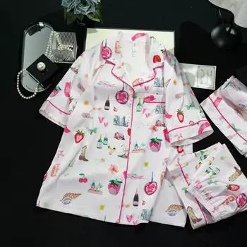 Летняя женская пижама из трех частей Ice Silk с короткими рукавами, тонкий пижамный комплект с городским принтом M белый