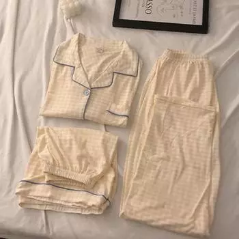 Летняя женская пижама из трех частей, семейная одежда для девочек, брюки с коротким рукавом, одежда для весны и осени, повседневная пижама, семейная одежда L чёрный