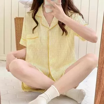 Летняя женская пижама, комплект домашней одежды, облачная хлопковая пижама, яркий комплект домашней одежды для девочек с короткими рукавами и принтом в клетку M розовый