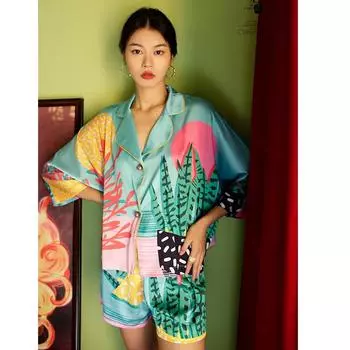 Летняя женская пижама с рукавами «летучая мышь» с растительным принтом, атласная женская пижама большого размера из 2 предметов с шортами, шелковый пижамный костюм для женщин M