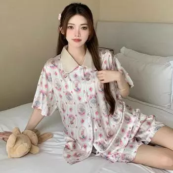 Летняя женская пижама Sweet Ice Silk с короткими рукавами, домашний комплект для девочек, пижама с кукольным воротником, для пожилых людей, домашний комплект M