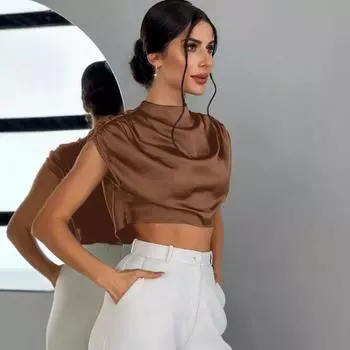 Летняя женская плиссированная рубашка из сатина с рукавами «батбол» с коротким топом из искусственного шелка цвета «Динг» и блузками XS чёрный