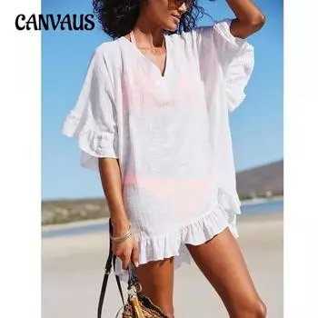 Летняя женская пляжная накидка больших размеров, однотонная, с оборками и V-образным вырезом, бикини, свободная накидка One Size белый