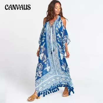 Летняя женская пляжная накидка больших размеров с кисточками, сексуальная верхняя рубашка бикини без бретелек One Size синий