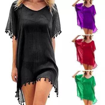 Летняя женская пляжная одежда с кисточками, купальник, сплошной цвет, бикини, пляжное платье фиолетовый