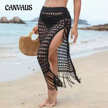 Летняя женская пляжная толстовка с капюшоном, сетчатая пляжная юбка с лямкой на шее и кисточками
