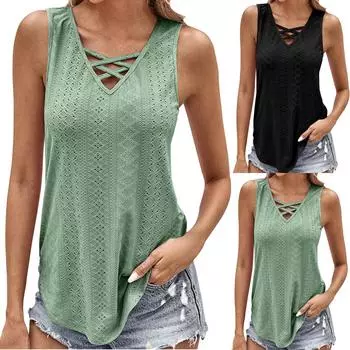 Летняя женская полая дышащая свободная узкая трикотажная майка с v-образным вырезом, топ с перекрестными ремешками XL чёрный