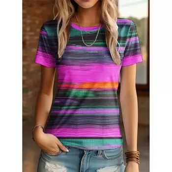 Летняя женская полосатая футболка с 3D-текстурированным принтом, выходного дня, розовая, модная, с коротким рукавом, с круглым вырезом, летняя, повседневная одежда для отдыха L