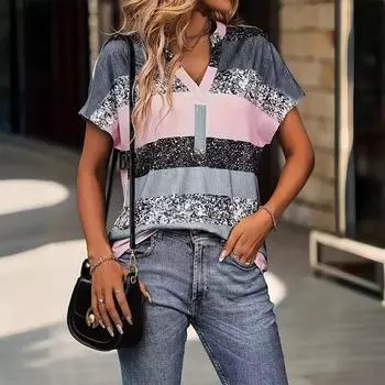 Летняя женская полосатая повседневная футболка со сверкающим 3D-принтом и v-образным вырезом L