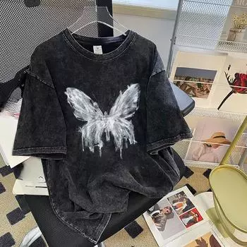 Летняя женская потертая и состаренная футболка с коротким рукавом и винтажным принтом «Бабочка» M чёрный