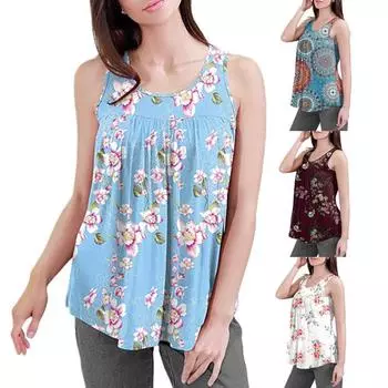 Летняя женская повседневная блузка с цветочным принтом без рукавов, свободная туника, майка S синий