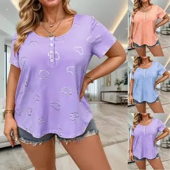 Летняя женская повседневная блузка с круглым вырезом и коротким рукавом, свободная футболка на пуговицах с принтом в виде сердца, офисные женские рубашки для женщин, модная одежда 24158 S розовый