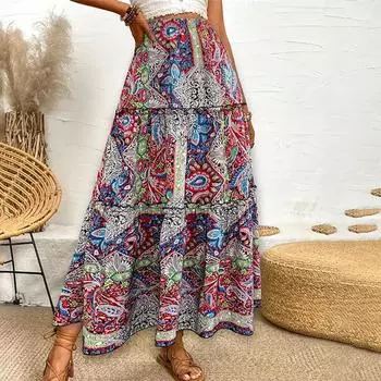 Летняя женская повседневная длинная юбка с деревянным краем ушка и принтом S красный