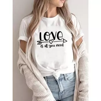 Летняя женская повседневная футболка из чистого хлопка с принтом «любовь» с короткими рукавами и круглым вырезом S
