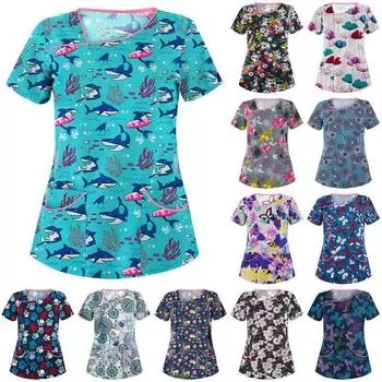 Летняя женская повседневная футболка с креативным принтом и круглым вырезом, топы, униформа для кормления, медицинская блузка с короткими рукавами, большие размеры S
