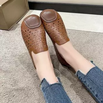 Летняя женская повседневная обувь Hollow Simple Simple Flats Женская простая обувь LeFou Женская водонепроницаемая обувь для вождения Flats 2024 35 вино красного