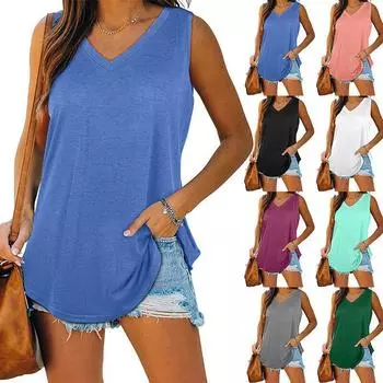 Летняя женская повседневная однотонная блузка с v-образным вырезом, футболка без рукавов, свободная туника, майка S чёрный