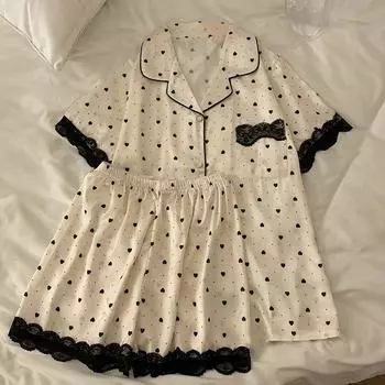 Летняя женская повседневная пижама с принтом «Любовь» из ледяного шелка, кружевной кардиган с воротником и пуговицами, эластичный топ из 2 предметов, дышащая тонкая мягкая стильная пижама M