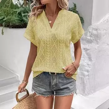 Летняя женская повседневная рубашка с V-образным вырезом и коротким рукавом из жаккарда S чёрный