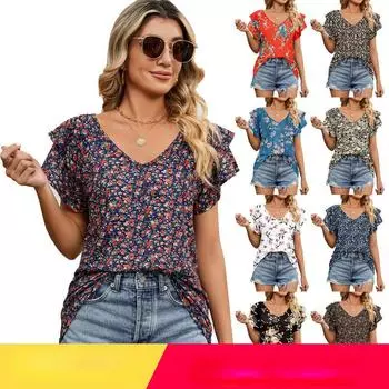 Летняя женская повседневная свободная футболка с v-образным вырезом и двойными рюшами на рукавах, 2023 г. S