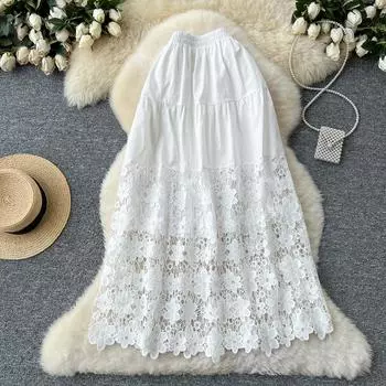 Летняя женская повседневная юбка-миди с вышивкой и кружевом в стиле пэчворк One Size абрикосовый