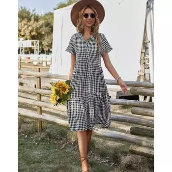 Летняя женская повседневная юбка в клетку с воротником-рубашкой S красный