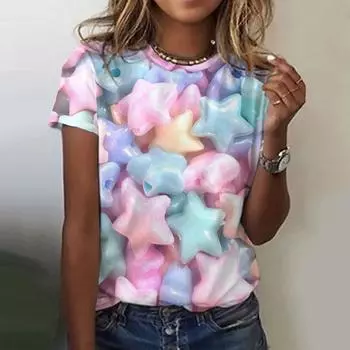 Летняя женская повседневная уличная повседневная свободная женская футболка с круглым вырезом и коротким рукавом, модная футболка с цветным рисунком S