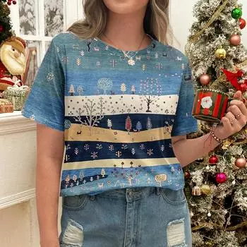 Летняя женская повседневная универсальная футболка с коротким рукавом в пейзажную полоску XS