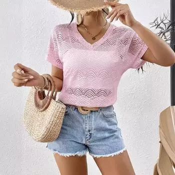 Летняя женская праздничная однотонная модная свободная кружевная футболка с V-образным вырезом и коротким рукавом с принтом «летучая мышь» S розовый