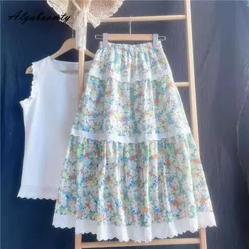 Летняя женская праздничная юбка Mori Girl с цветочным принтом и высокой талией, ажурная хлопковая элегантная милая юбка трапециевидной формы в стиле пэчворк S