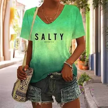 Летняя женская простая повседневная футболка с V-образным вырезом и короткими рукавами с принтом, дышащая футболка для женщин S