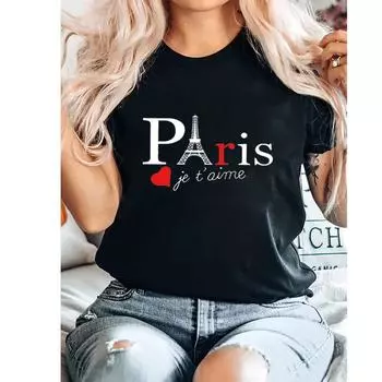 Летняя женская простая принтованная рубашка с короткими рукавами из чистого хлопка с изображением железной башни на плече Футболки женские S