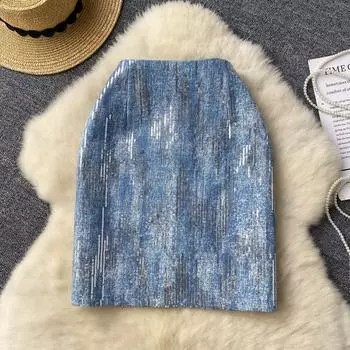 Летняя женская роскошная джинсовая мини-юбка-карандаш с блестками S синий