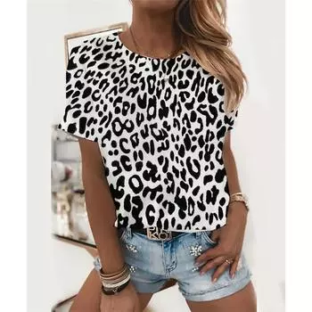 Летняя женская роскошная футболка с леопардовым принтом, модные топы с V-образным вырезом, футболки, женская повседневная одежда с коротким рукавом, женская винтажная одежда S